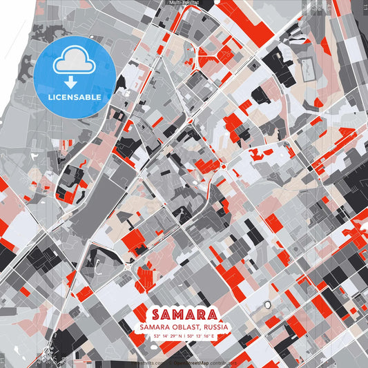 Samara, Samara Oblast, Russia - modern street map poster template with gray and red tones