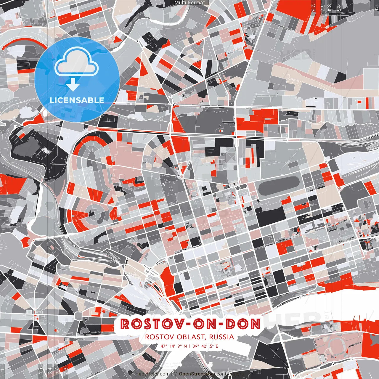 Rostov-on-Don, Rostov Oblast, Russia - modern street map poster template with gray and red tones