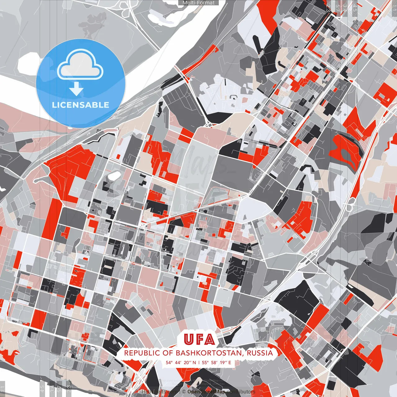 Ufa, Republic of Bashkortostan, Russia - modern street map poster template with gray and red tones