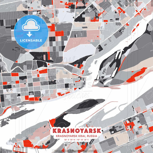Krasnoyarsk, Krasnoyarsk Krai, Russia - modern street map poster template with gray and red tones