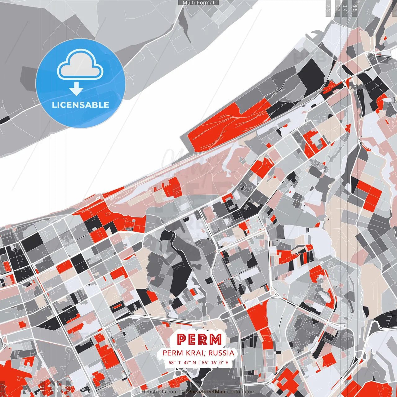 Perm, Perm Krai, Russia - modern street map poster template with gray and red tones