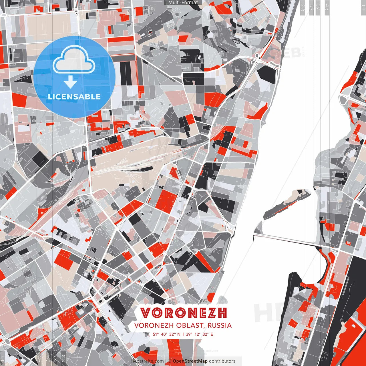 Voronezh, Voronezh Oblast, Russia - modern street map poster template with gray and red tones