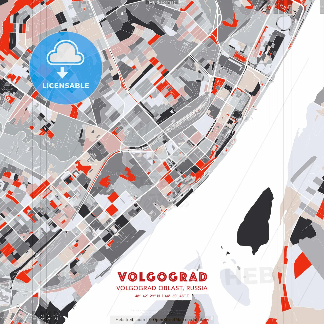 Volgograd, Volgograd Oblast, Russia - modern street map poster template with gray and red tones