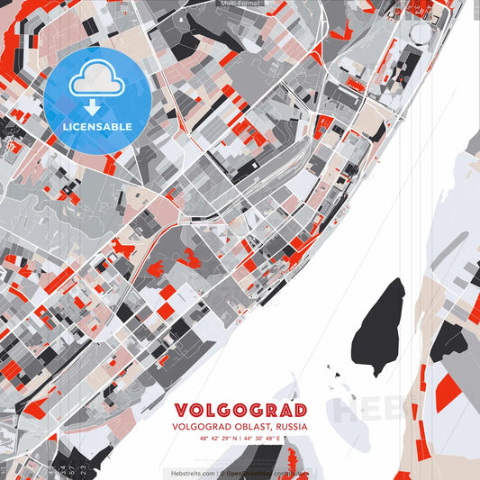 Volgograd, Volgograd Oblast, Russia - modern street map poster template with gray and red tones