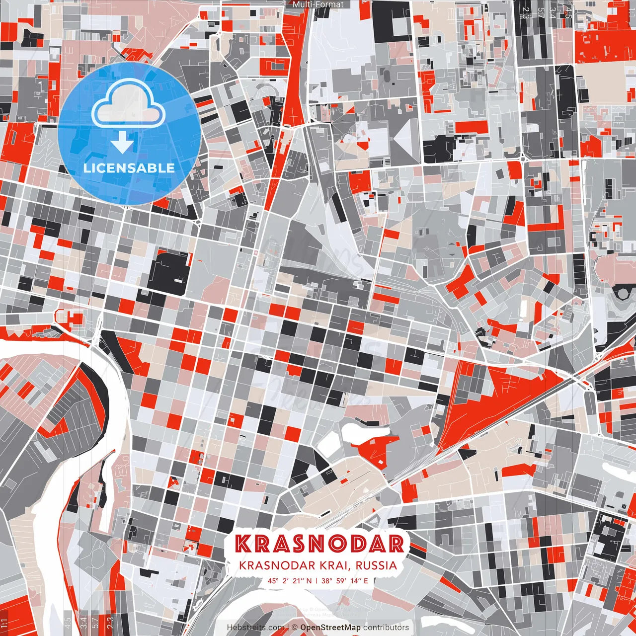 Krasnodar, Krasnodar Krai, Russia - modern street map poster template with gray and red tones