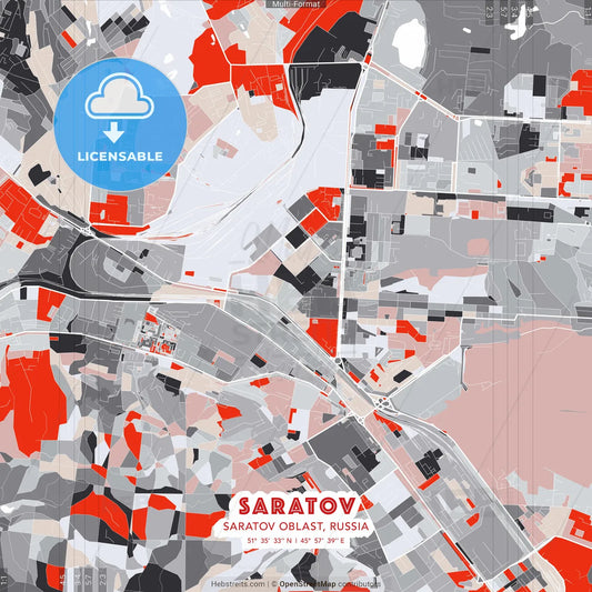 Saratov, Saratov Oblast, Russia - modern street map poster template with gray and red tones