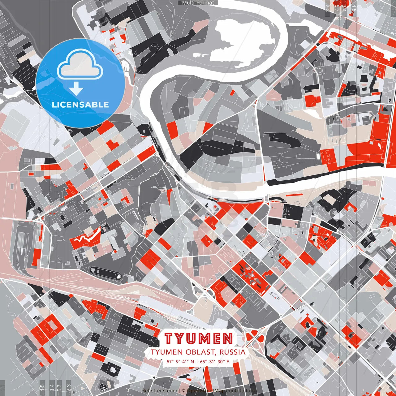 Tyumen, Tyumen Oblast, Russia - modern street map poster template with gray and red tones