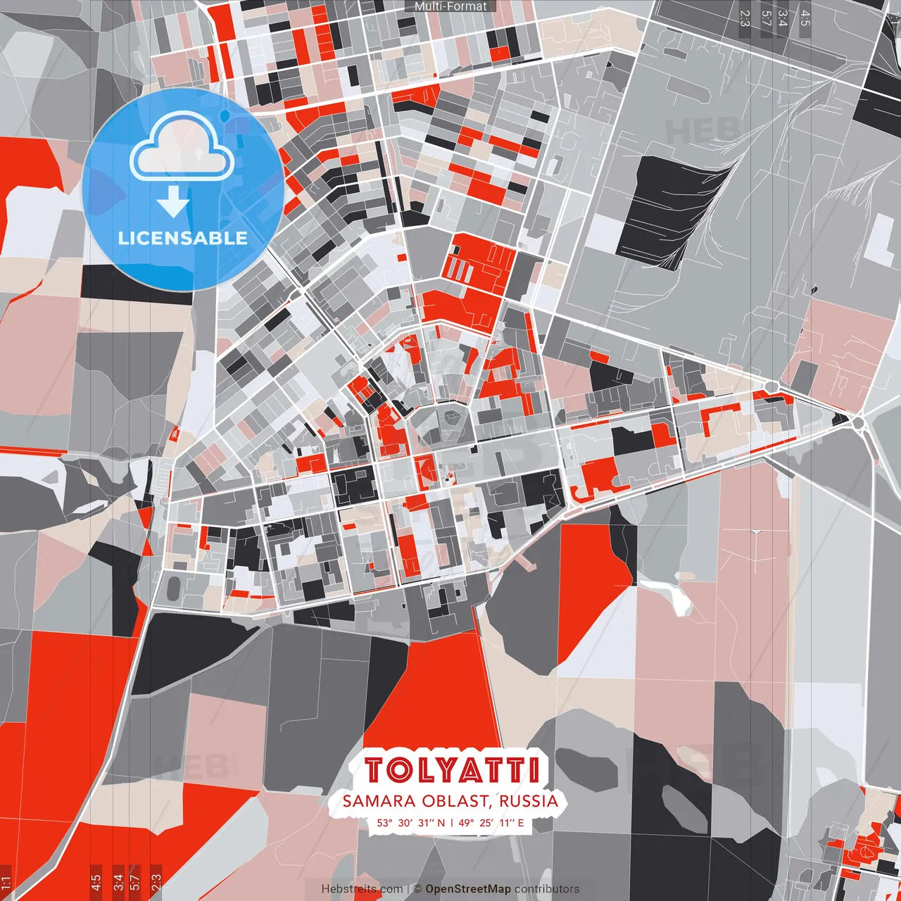 Tolyatti, Samara Oblast, Russia - modern street map poster template with gray and red tones