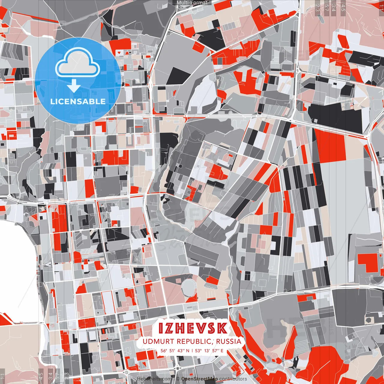 Izhevsk, Udmurt Republic, Russia - modern street map poster template with gray and red tones