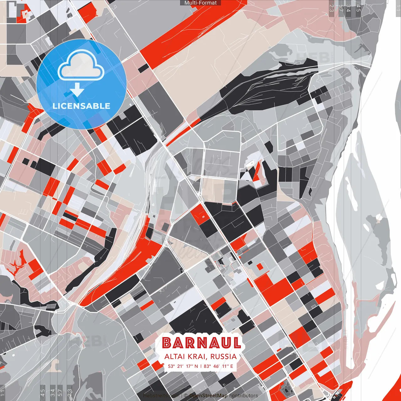 Barnaul, Altai Krai, Russia - modern street map poster template with gray and red tones