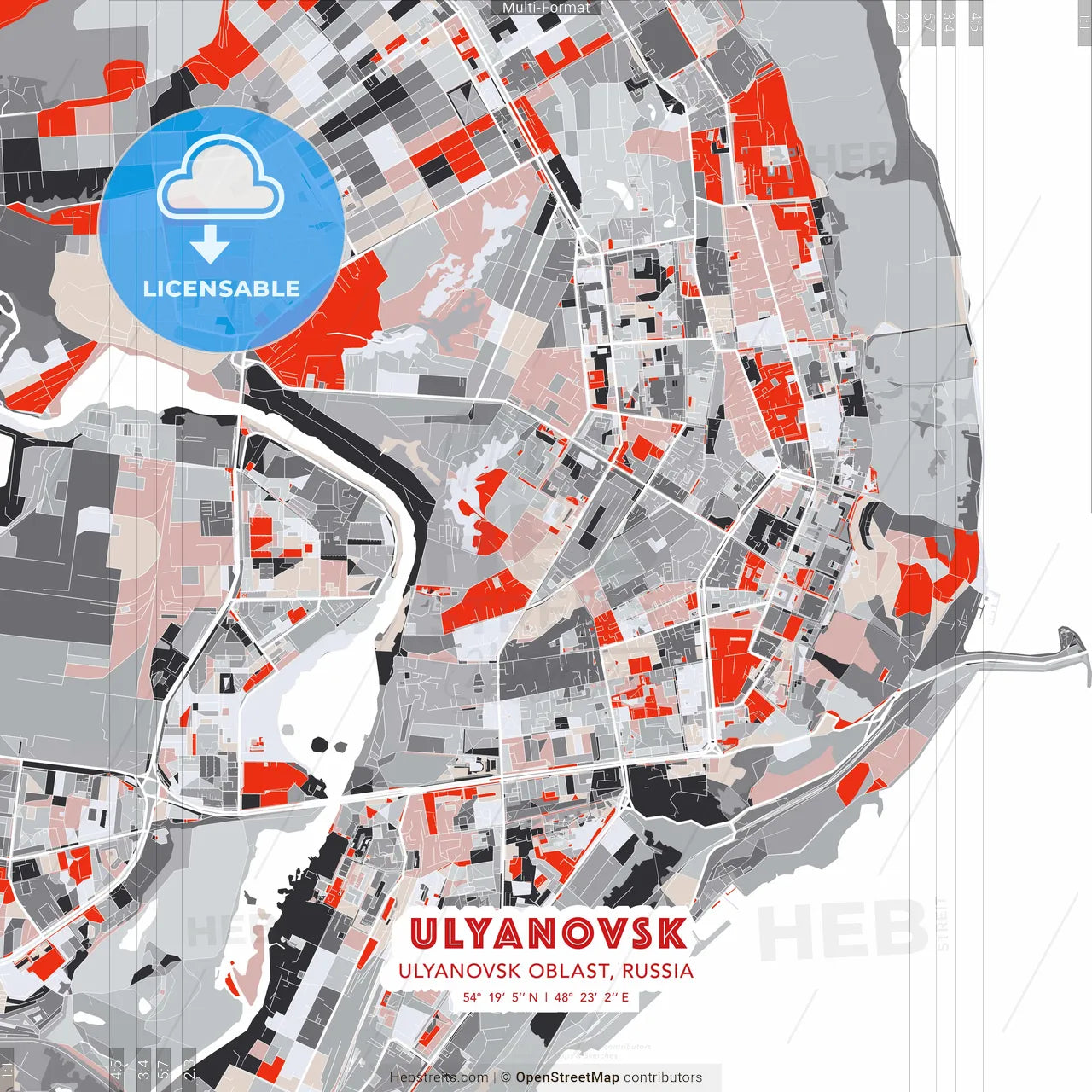 Ulyanovsk, Ulyanovsk Oblast, Russia - modern street map poster template with gray and red tones