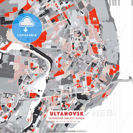 Ulyanovsk, Ulyanovsk Oblast, Russia - modern street map poster template with gray and red tones