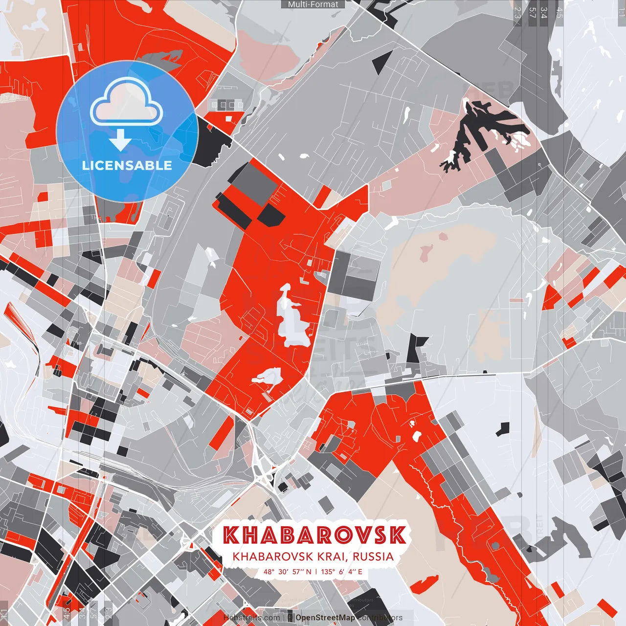 Khabarovsk, Khabarovsk Krai, Russia - modern street map poster template with gray and red tones