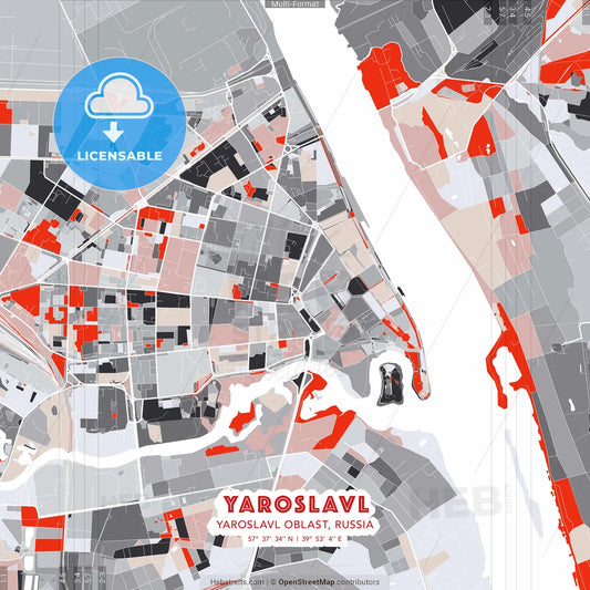 Yaroslavl, Yaroslavl Oblast, Russia - modern street map poster template with gray and red tones
