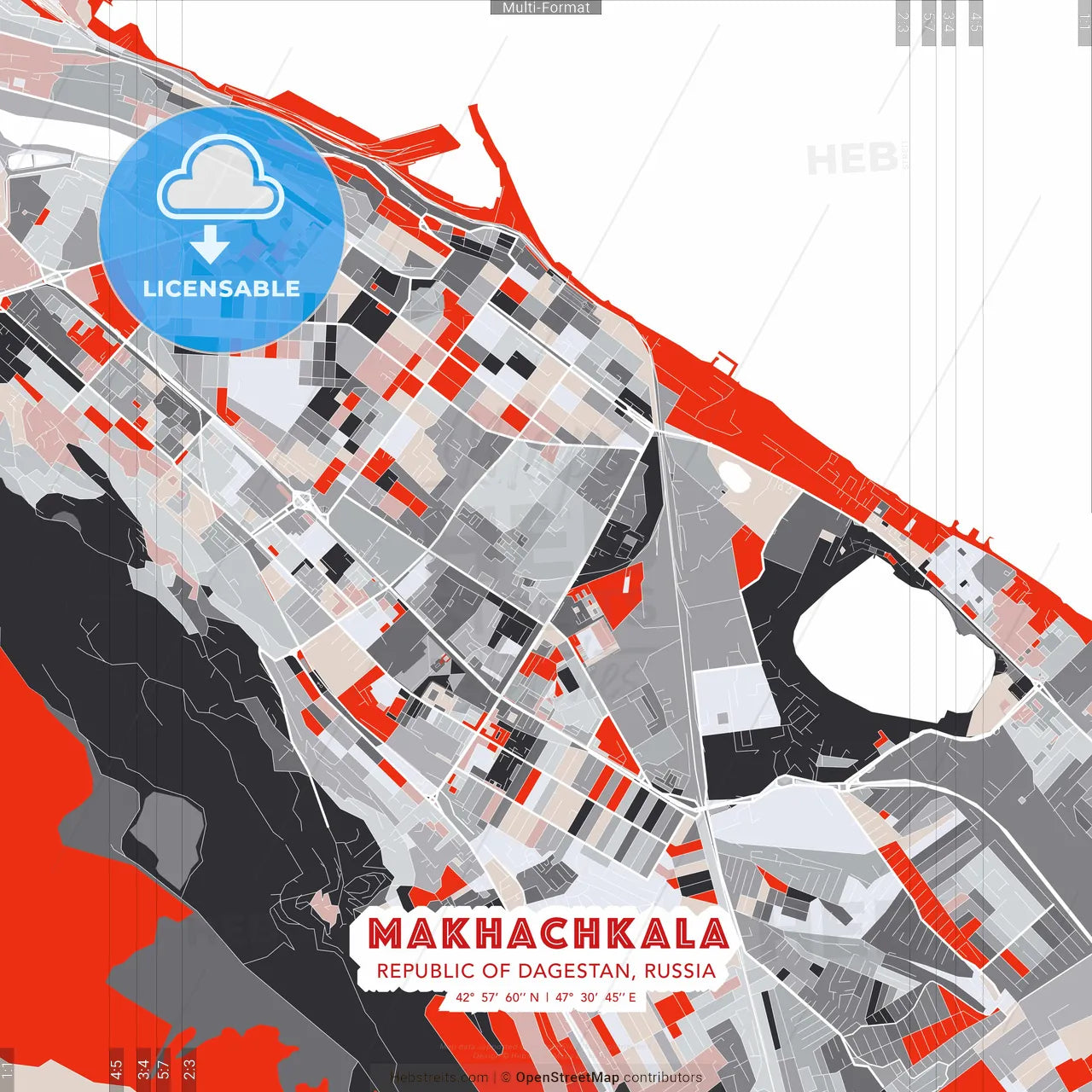 Makhachkala, Republic of Dagestan, Russia - modern street map poster template with gray and red tones