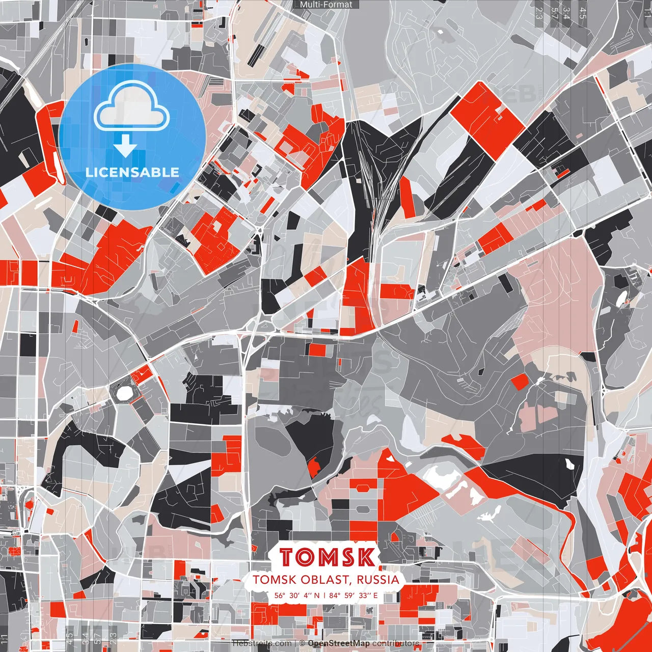 Tomsk, Tomsk Oblast, Russia - modern street map poster template with gray and red tones
