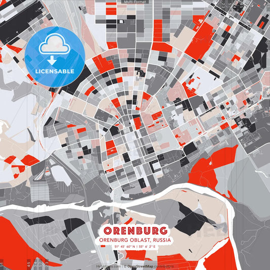 Orenburg, Orenburg Oblast, Russia - modern street map poster template with gray and red tones