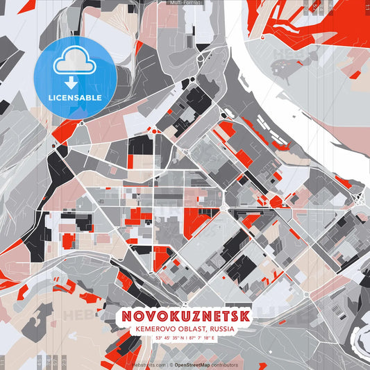 Novokuznetsk, Kemerovo Oblast, Russia - modern street map poster template with gray and red tones
