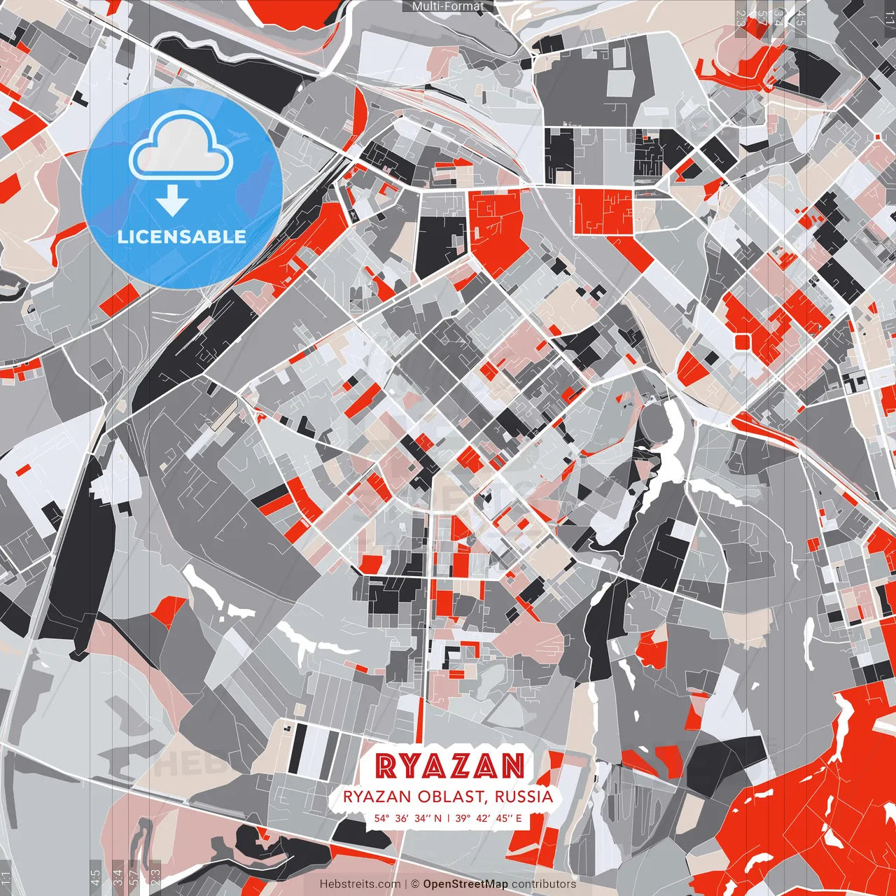 Ryazan, Ryazan Oblast, Russia - modern street map poster template with gray and red tones
