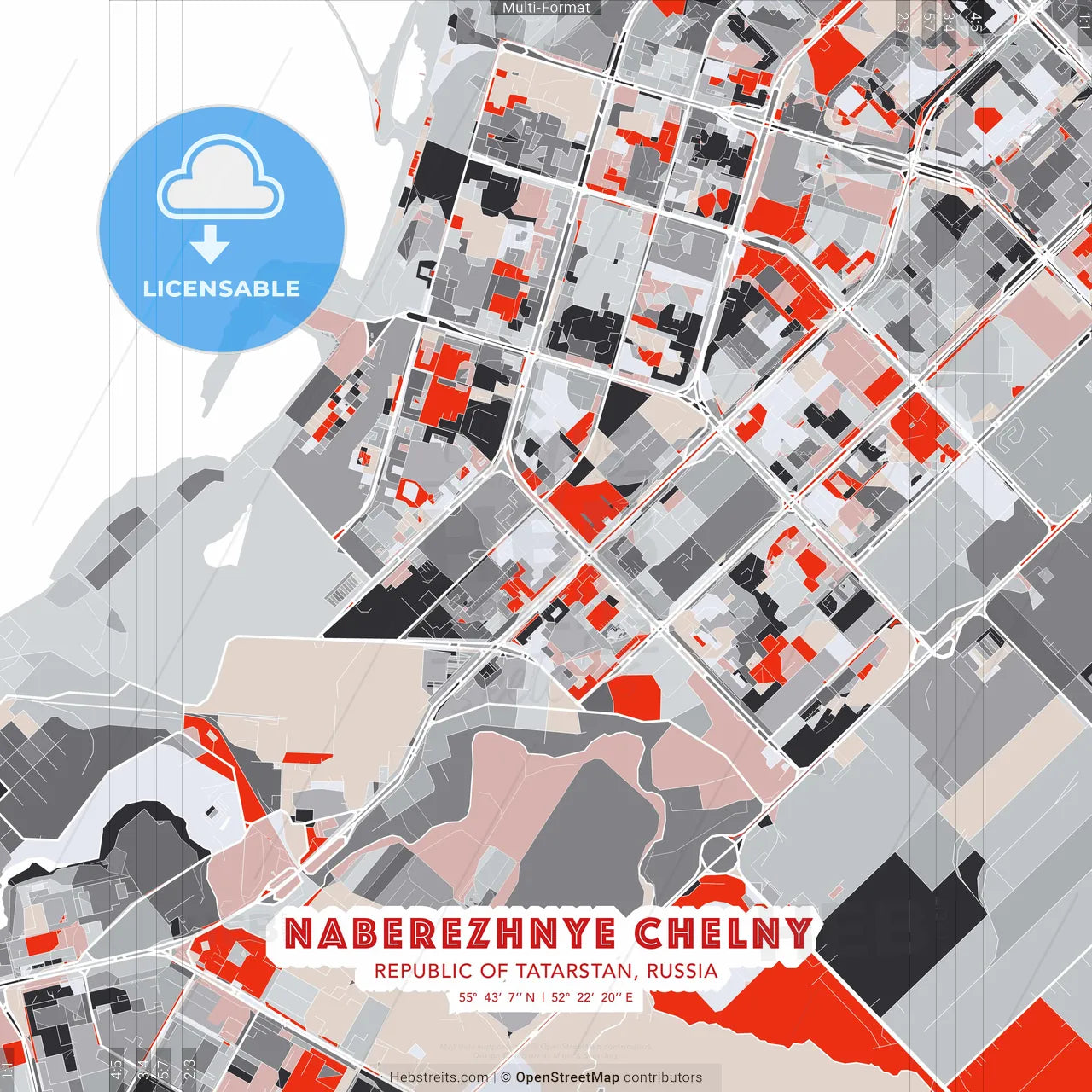 Naberezhnye Chelny, Republic of Tatarstan, Russia - modern street map poster template with gray and red tones