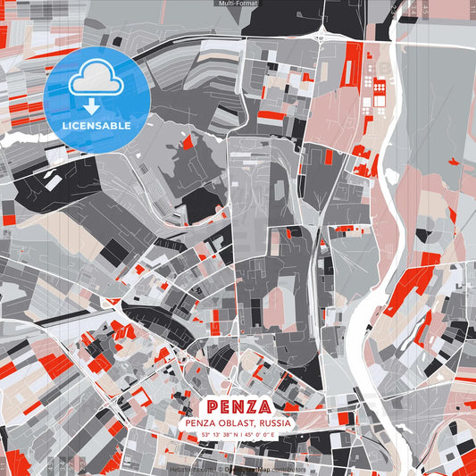 Penza, Penza Oblast, Russia - modern street map poster template with gray and red tones