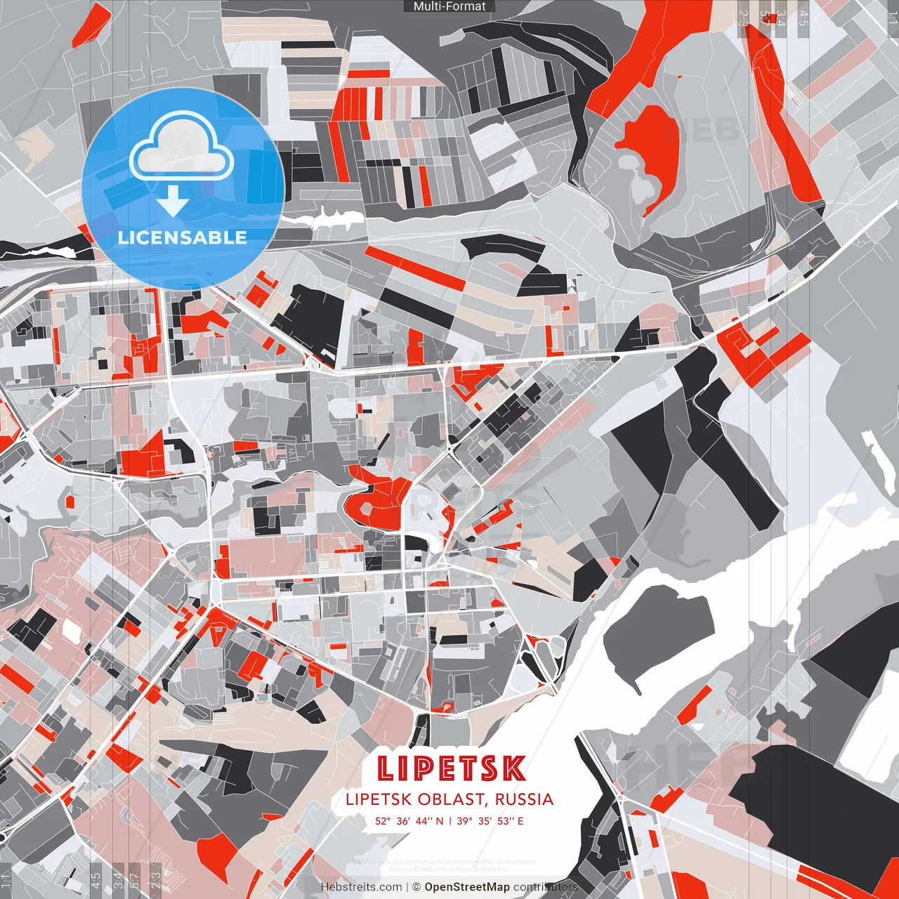 Lipetsk, Lipetsk Oblast, Russia - modern street map poster template with gray and red tones