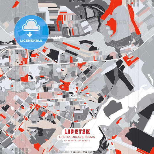 Lipetsk, Lipetsk Oblast, Russia - modern street map poster template with gray and red tones