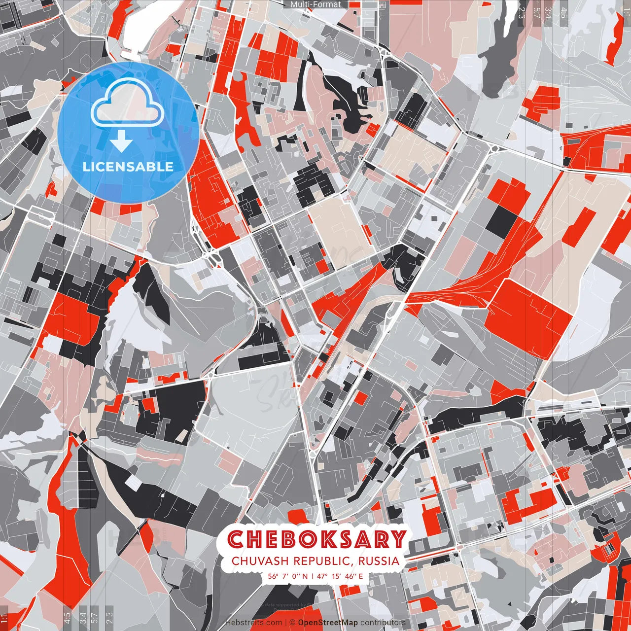 Cheboksary, Chuvash Republic, Russia - modern street map poster template with gray and red tones