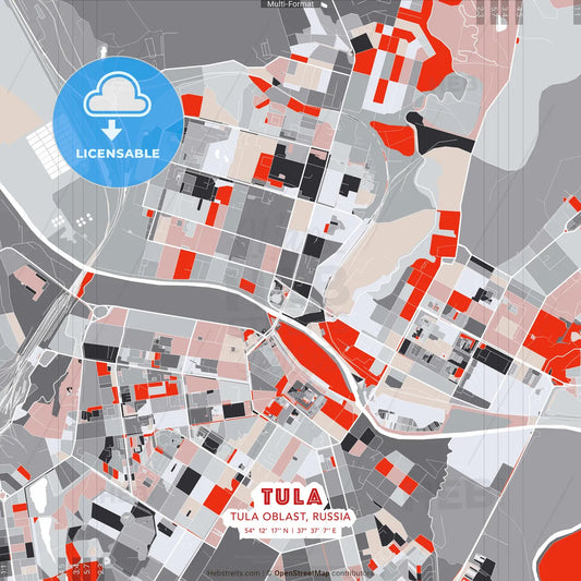 Tula, Tula Oblast, Russia - modern street map poster template with gray and red tones