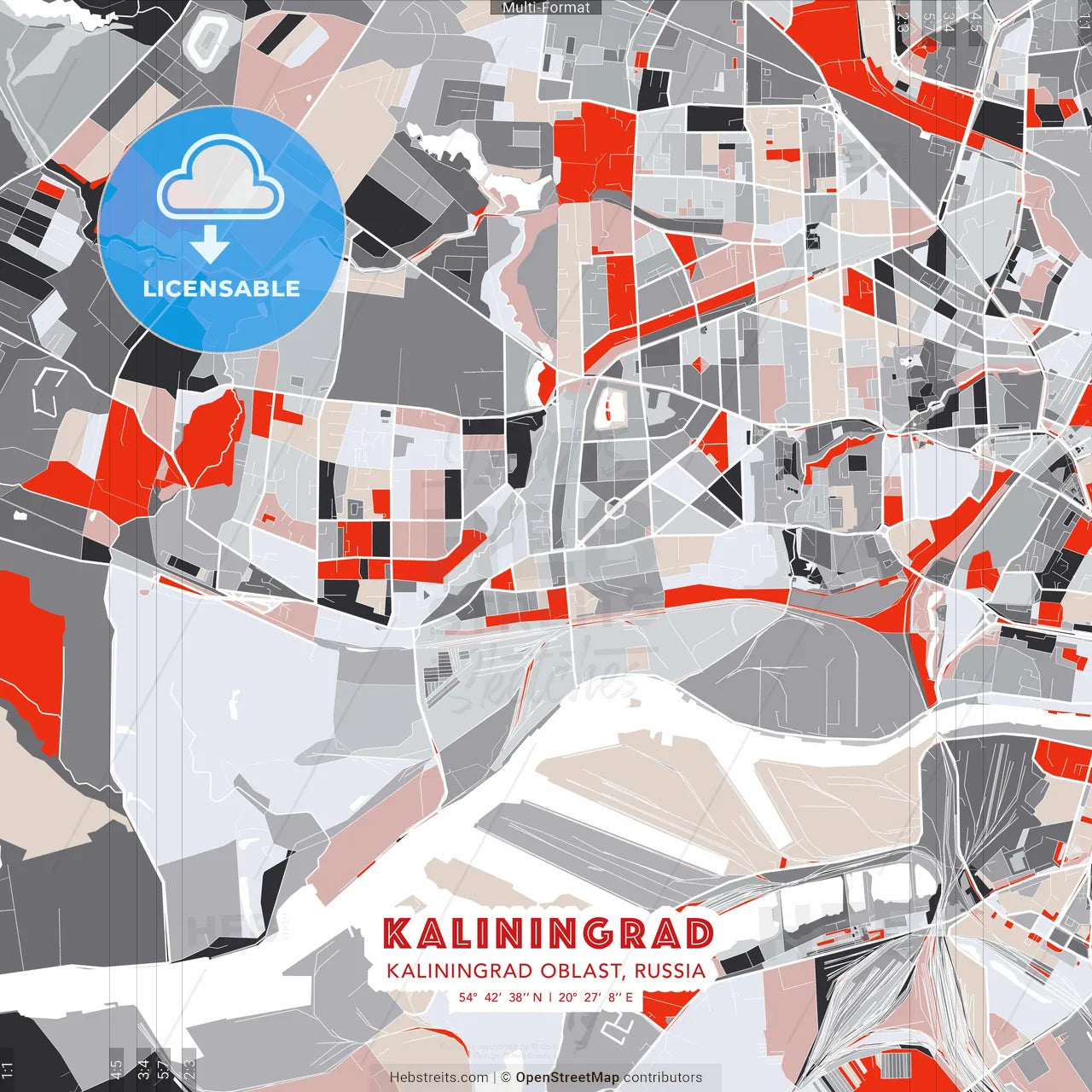 Kaliningrad, Kaliningrad Oblast, Russia - modern street map poster template with gray and red tones