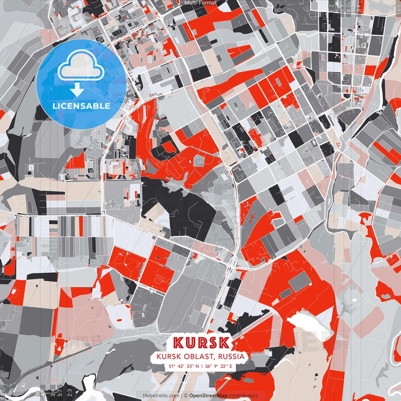 Kursk, Kursk Oblast, Russia - modern street map poster template with gray and red tones