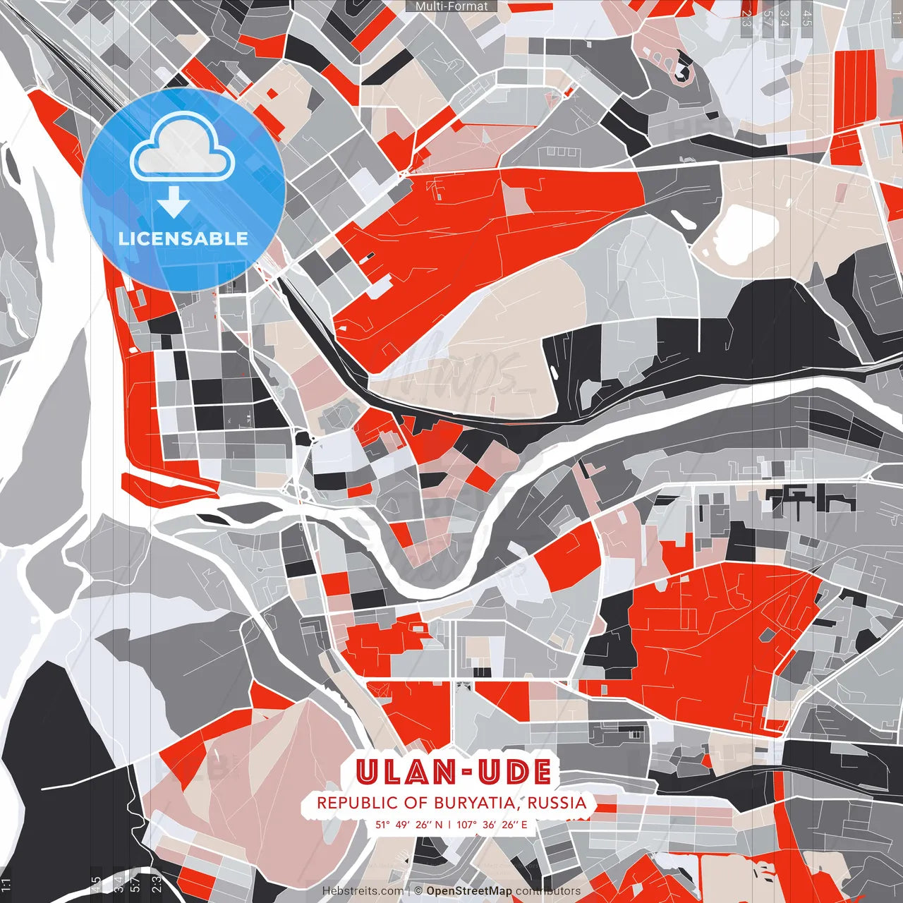 Ulan-Ude, Republic of Buryatia, Russia - modern street map poster template with gray and red tones