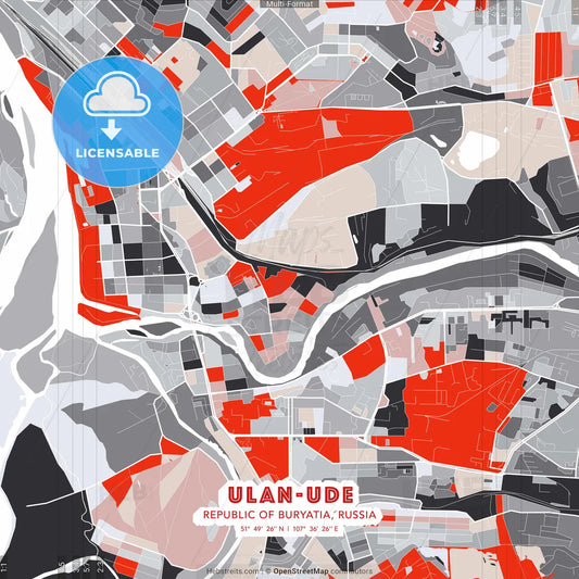 Ulan-Ude, Republic of Buryatia, Russia - modern street map poster template with gray and red tones