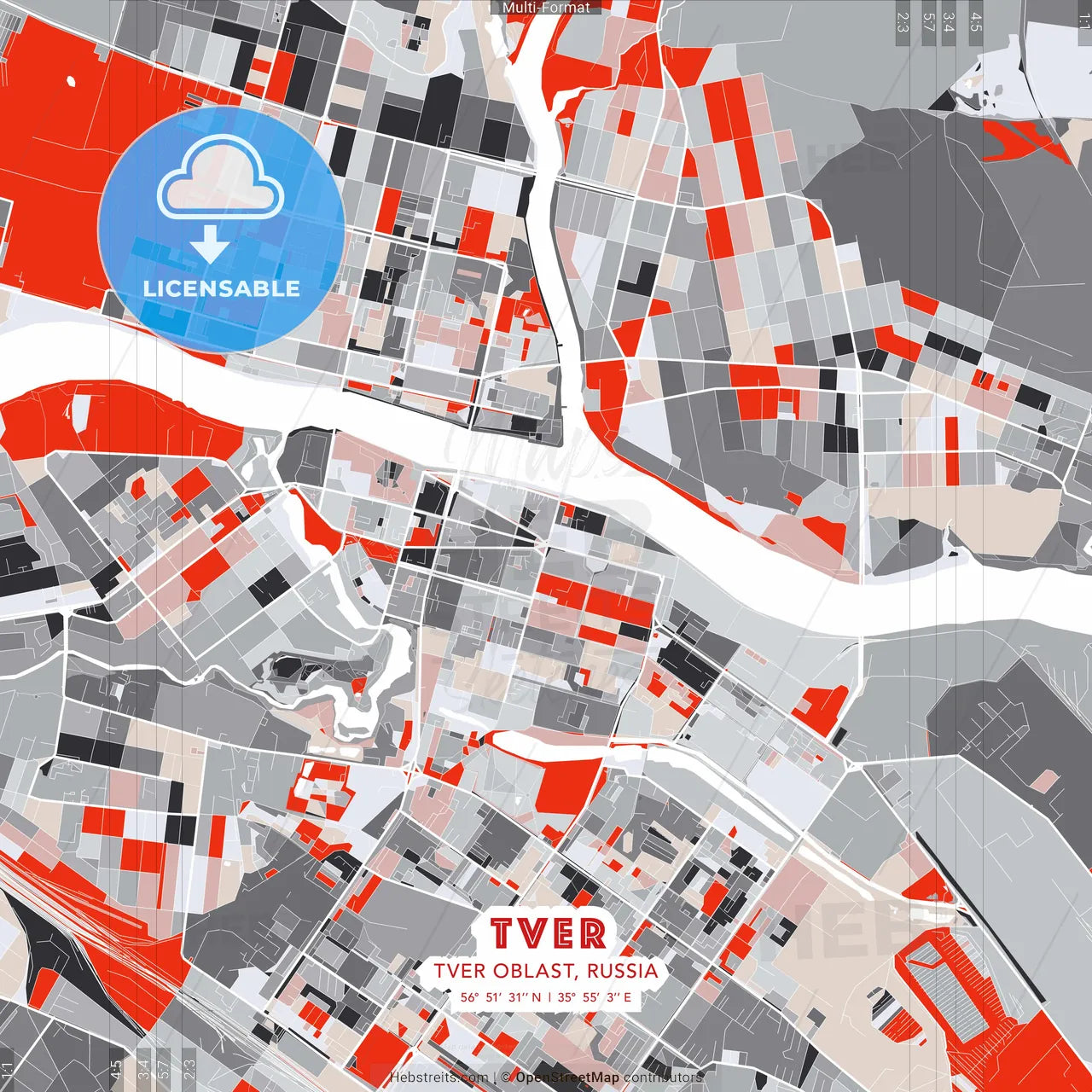 Tver, Tver Oblast, Russia - modern street map poster template with gray and red tones