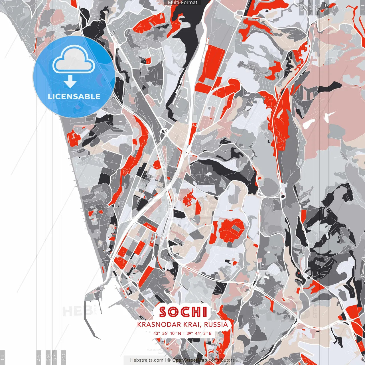 Sochi, Krasnodar Krai, Russia - modern street map poster template with gray and red tones