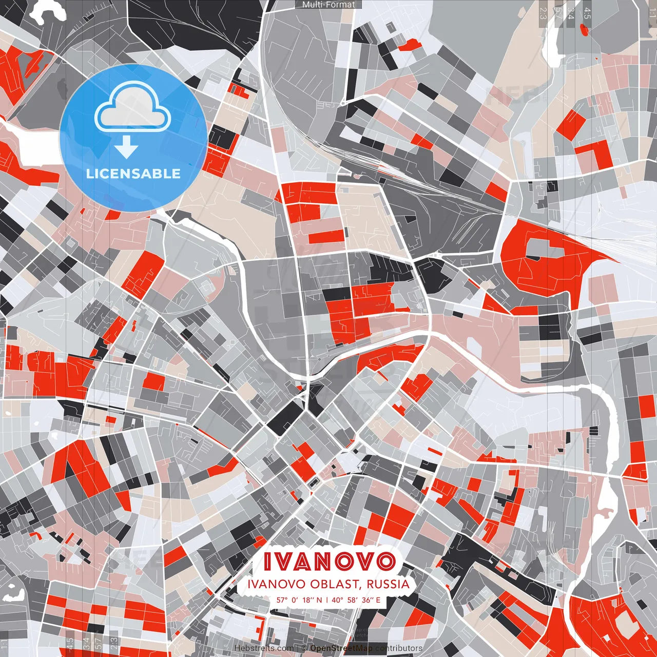 Ivanovo, Ivanovo Oblast, Russia - modern street map poster template with gray and red tones