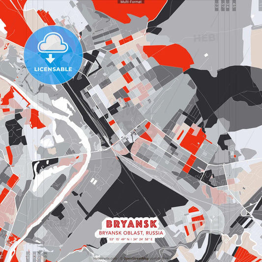 Bryansk, Bryansk Oblast, Russia - modern street map poster template with gray and red tones