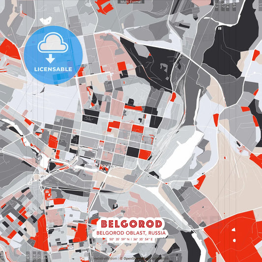 Belgorod, Belgorod Oblast, Russia - modern street map poster template with gray and red tones