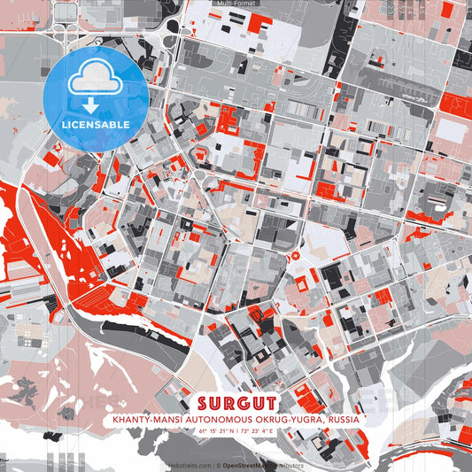 Surgut, Khanty-Mansi Autonomous Okrug-Yugra, Russia - modern street map poster template with gray and red tones