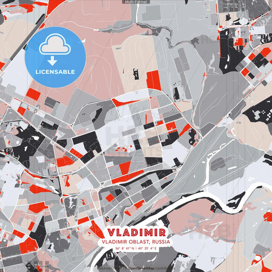 Vladimir, Vladimir Oblast, Russia - modern street map poster template with gray and red tones