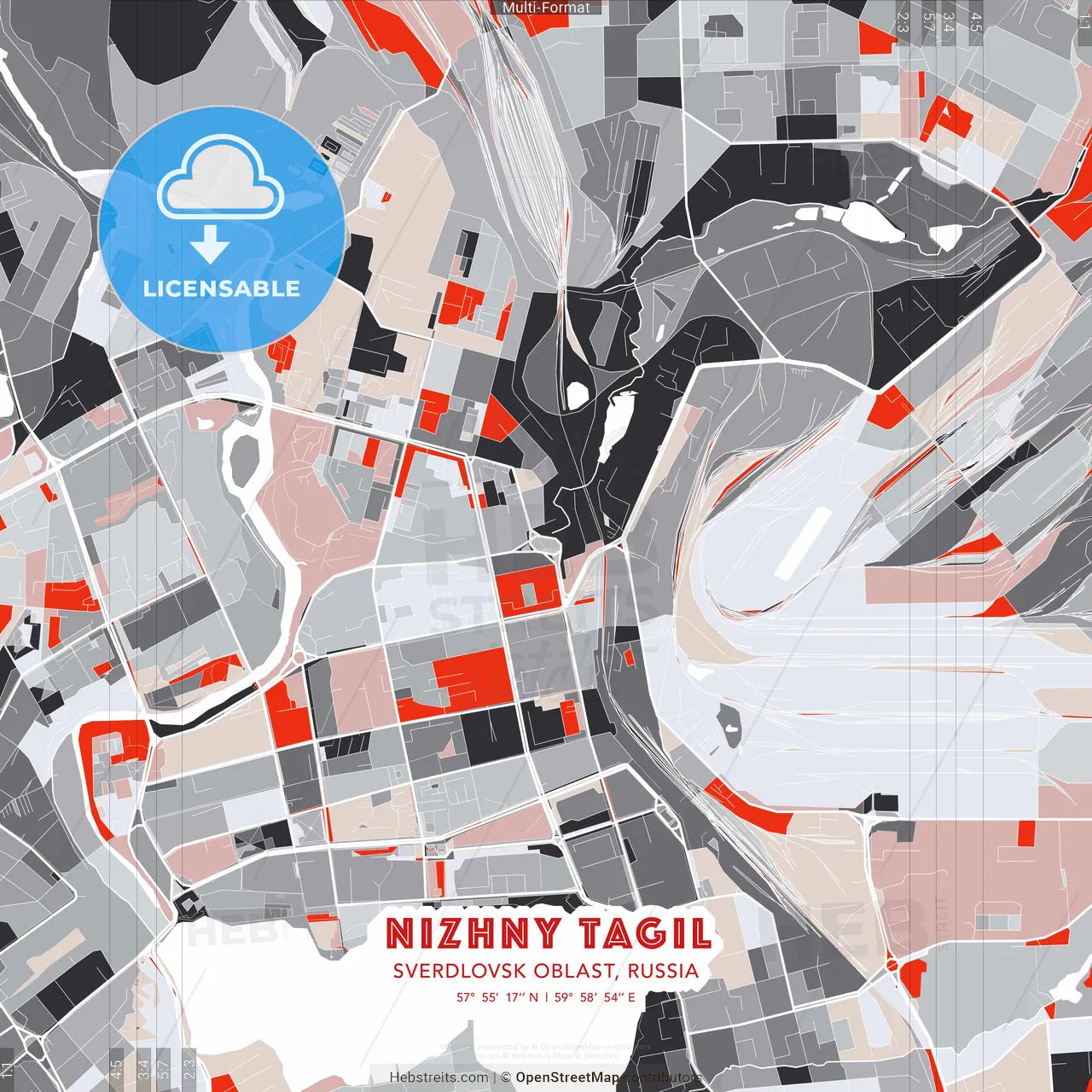 Nizhny Tagil, Sverdlovsk Oblast, Russia - modern street map poster template with gray and red tones