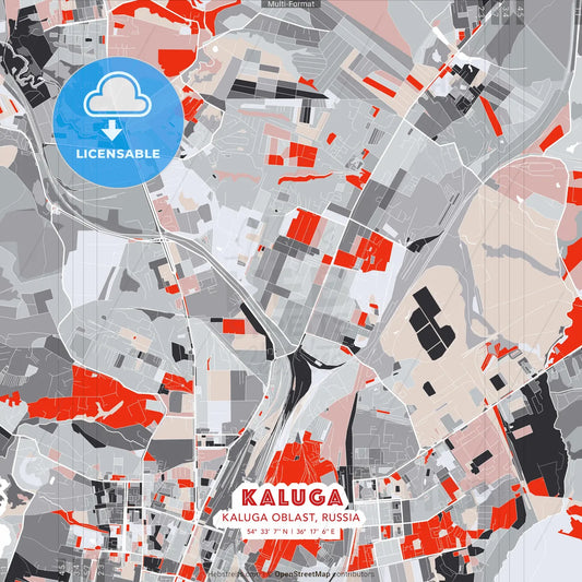 Kaluga, Kaluga Oblast, Russia - modern street map poster template with gray and red tones