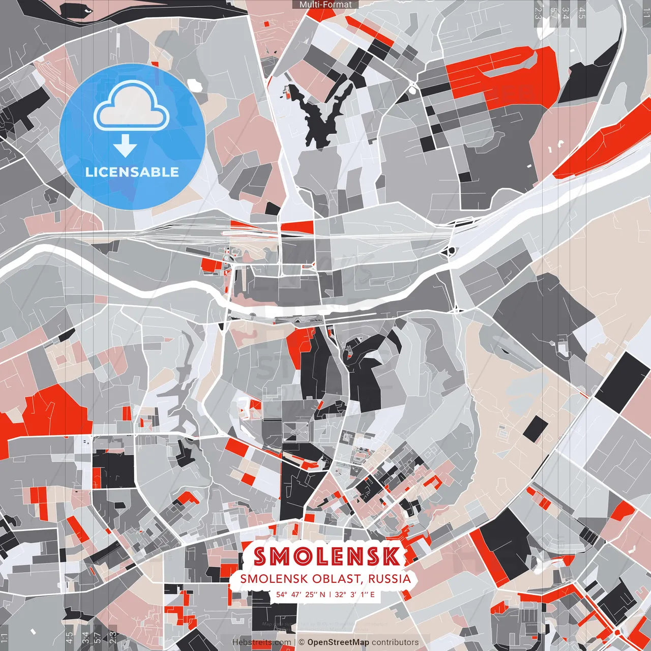 Smolensk, Smolensk Oblast, Russia - modern street map poster template with gray and red tones
