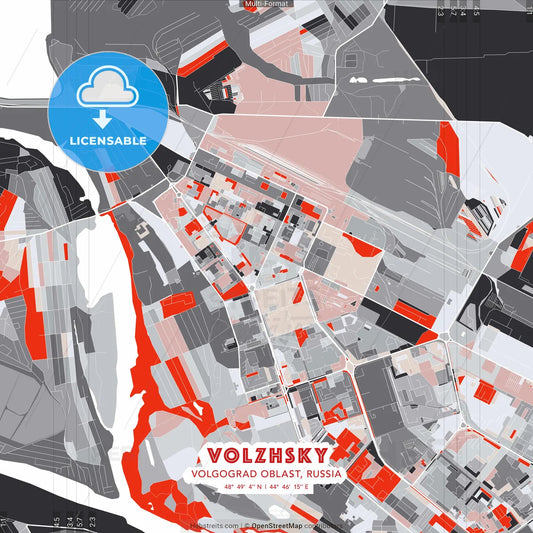 Volzhsky, Volgograd Oblast, Russia - modern street map poster template with gray and red tones