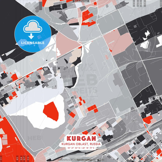 Kurgan, Kurgan Oblast, Russia - modern street map poster template with gray and red tones