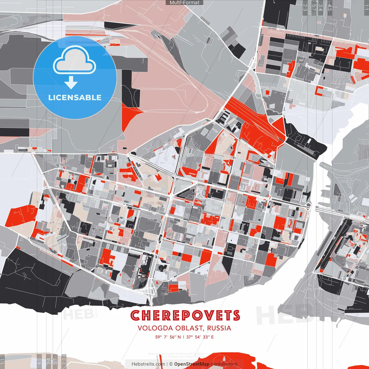 Cherepovets, Vologda Oblast, Russia - modern street map poster template with gray and red tones