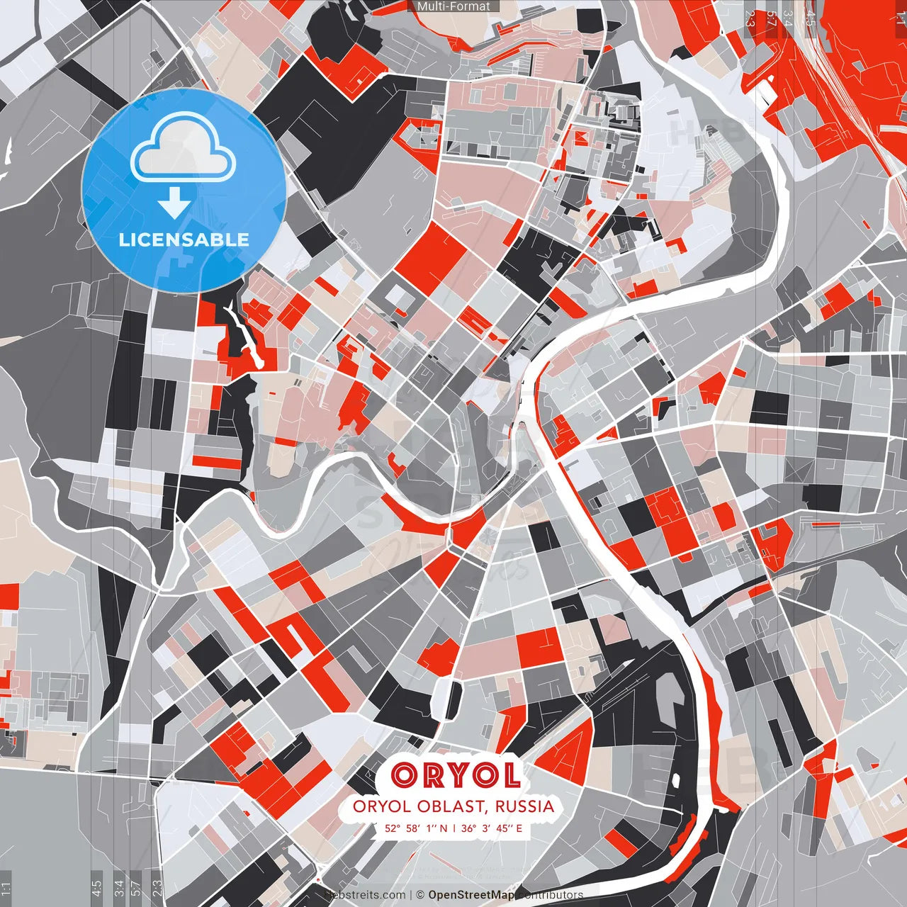 Oryol, Oryol Oblast, Russia - modern street map poster template with gray and red tones