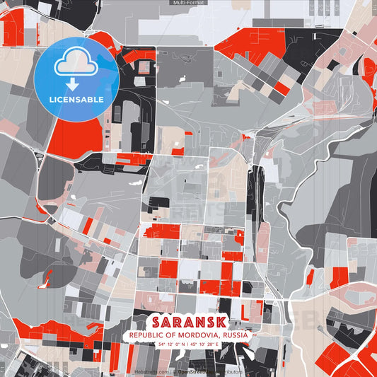 Saransk, Republic of Mordovia, Russia - modern street map poster template with gray and red tones