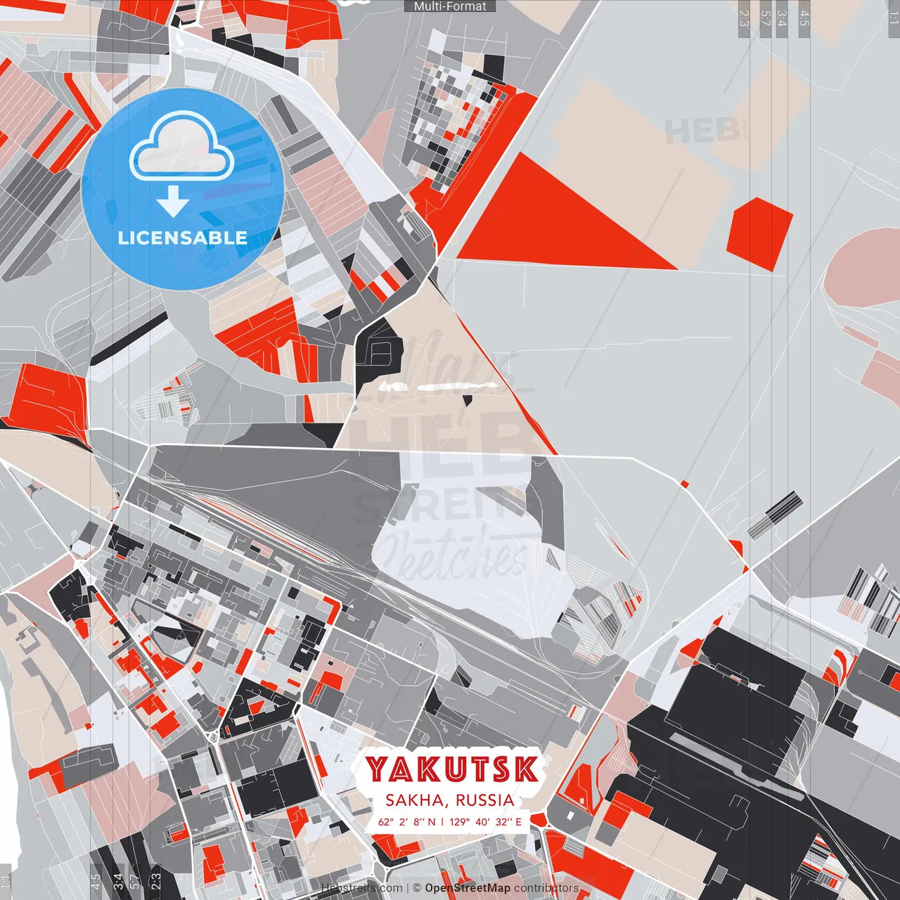 Yakutsk, Sakha, Russia - modern street map poster template with gray and red tones