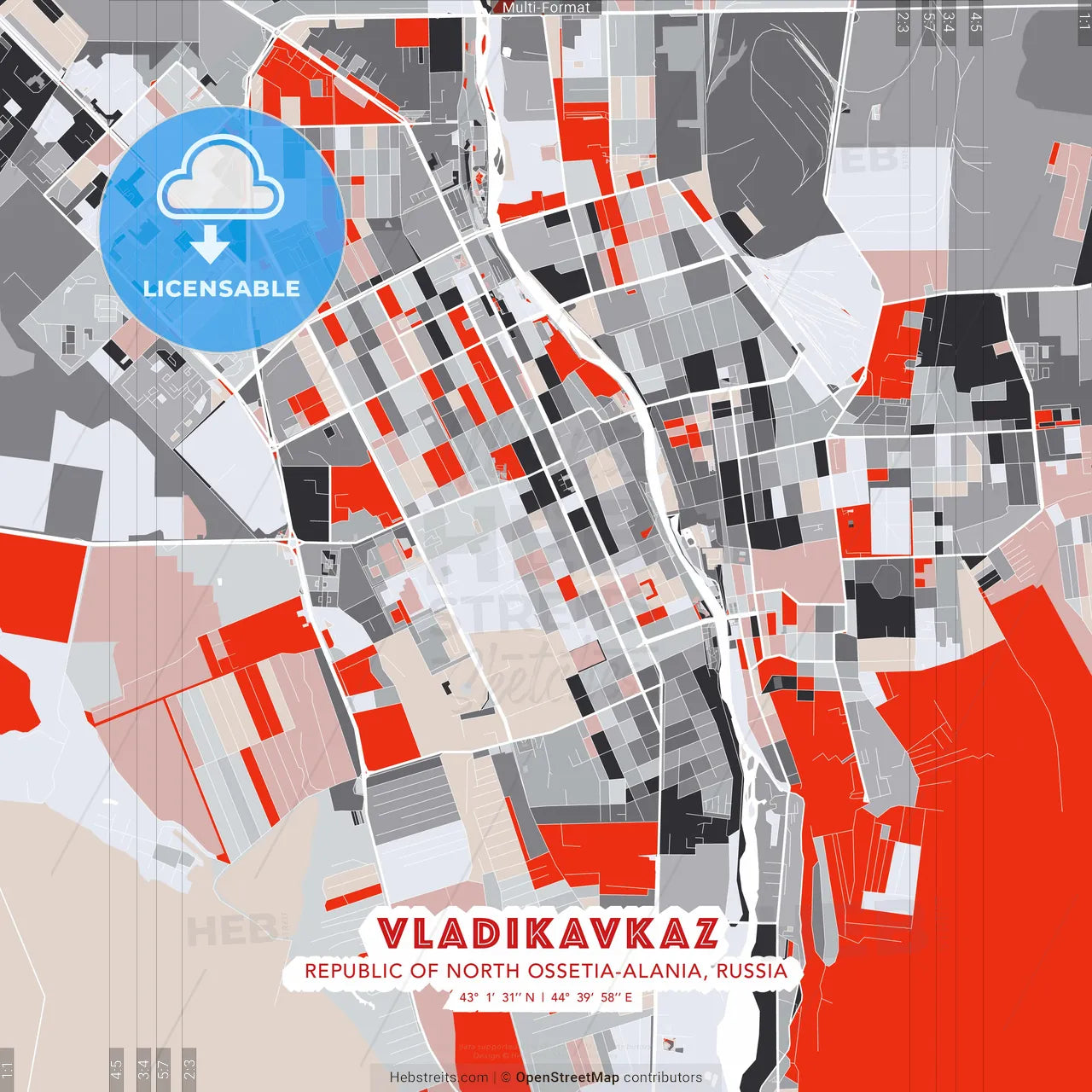 Vladikavkaz, Republic of North Ossetia-Alania, Russia - modern street map poster template with gray and red tones